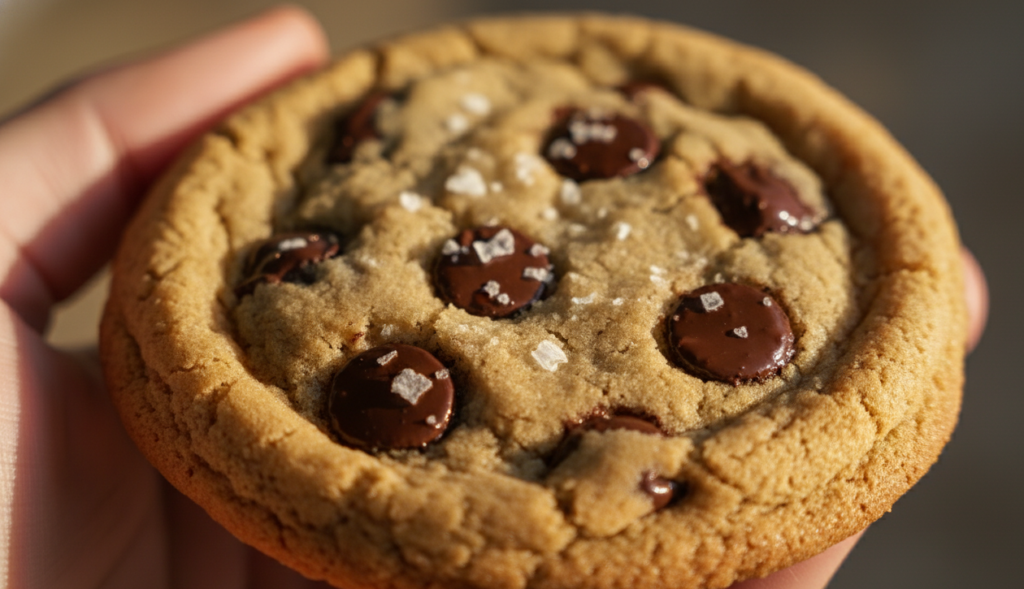 Perfect chewy chocolate chip cookie with melted chocolate and flaky sea salt, held in hand to show soft texture 