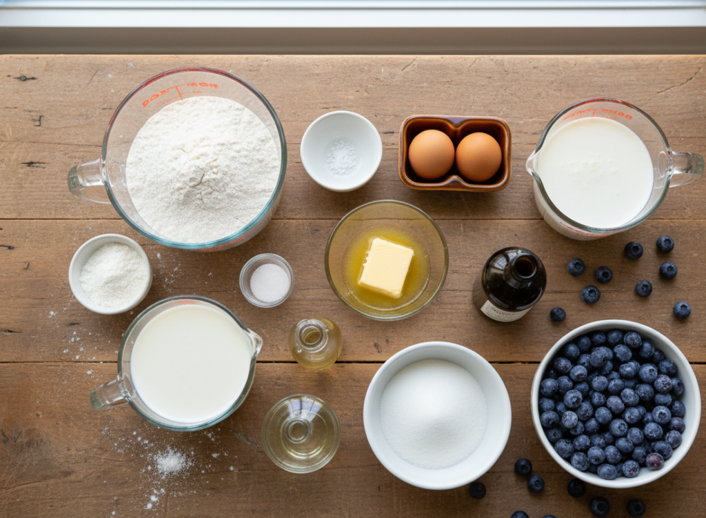 All ingredients for homemade blueberry muffins including flour, sugar, butter, eggs, buttermilk, and fresh blueberries arranged for baking preparation.