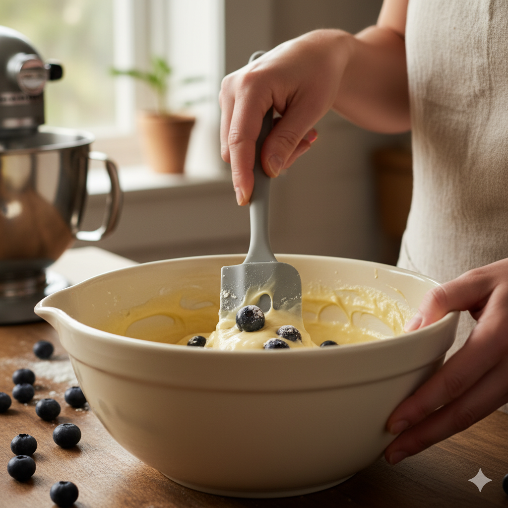Gently folding flour-coated blueberries into muffin batter, a key step for perfect blueberry distribution.