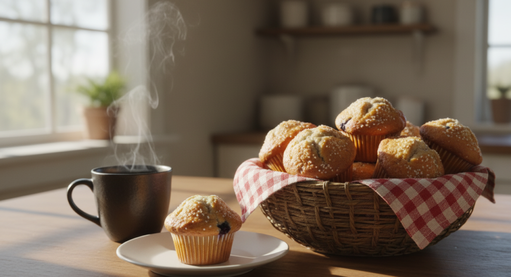 Freshly baked homemade blueberry muffins in a basket, served with coffee for a perfect breakfast or snack.