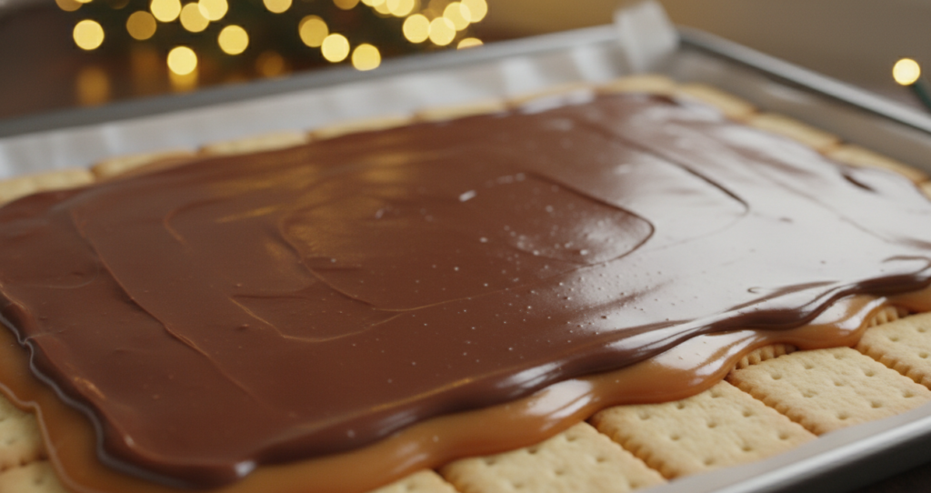 Perfectly arranged saltine crackers with no gaps, ready for toffee pouring in Christmas Crack recipe