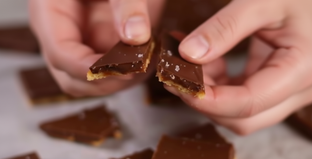 Breaking homemade Christmas Crack candy into pieces showing perfect salty-sweet layers