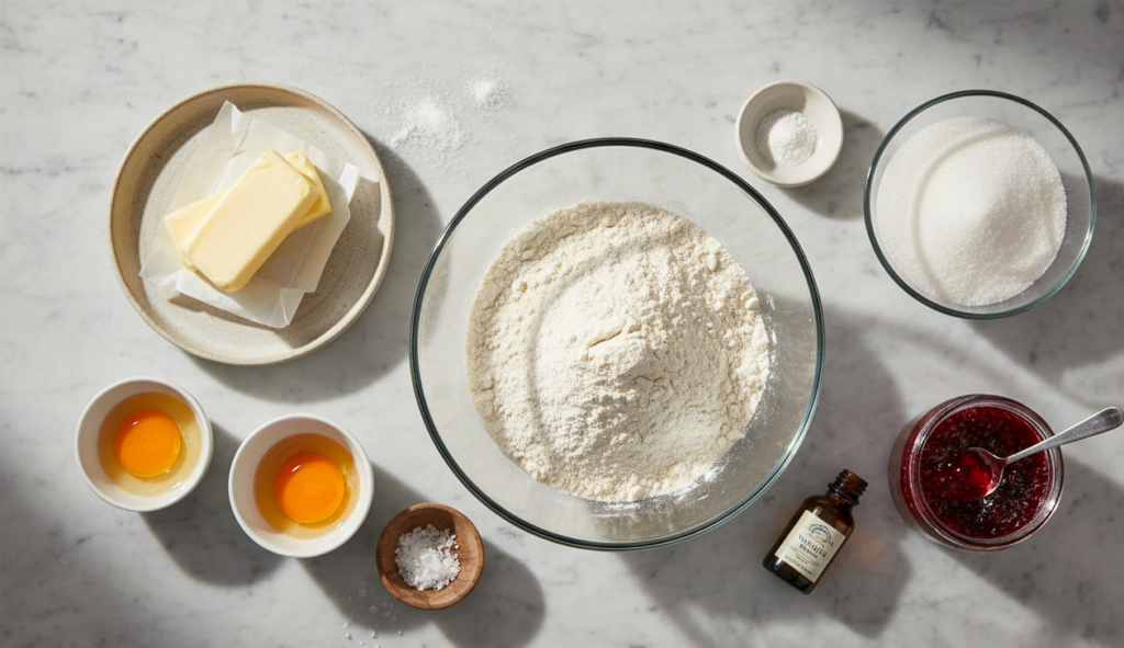 Ingredients for making homemade buttery raspberry thumbprint cookies including butter, sugar, raspberry jam and flour