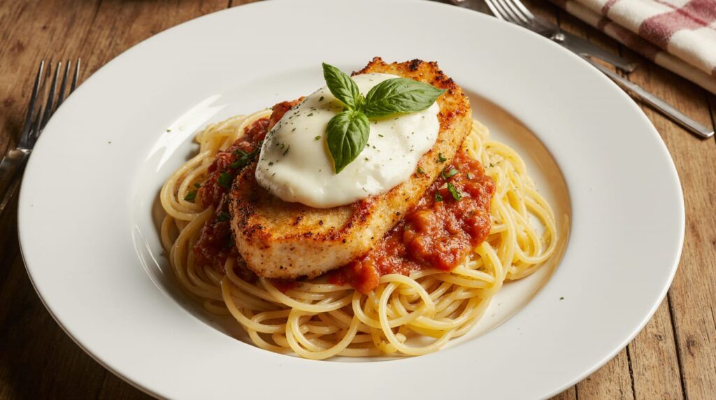 Chicken cutlet served on a plate with a side of pasta and a fresh green salad