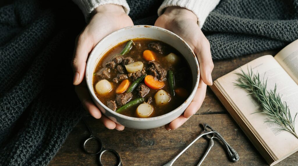 Close-up of a spoonful of vegetable beef soup showing the rich broth and tender vegetables