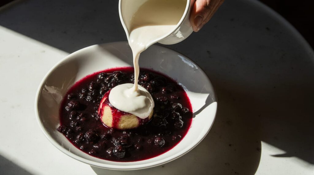 Individual serving of Blueberry Grunt in a bowl with a scoop of vanilla ice cream melting on top