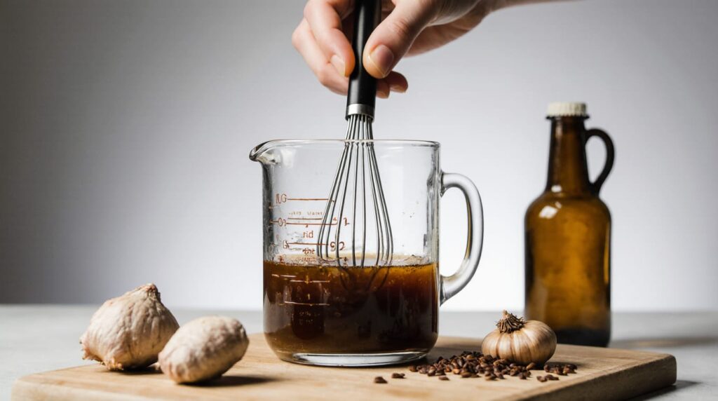 Close-up of hands whisking the ginger sesame dressing in a glass jar