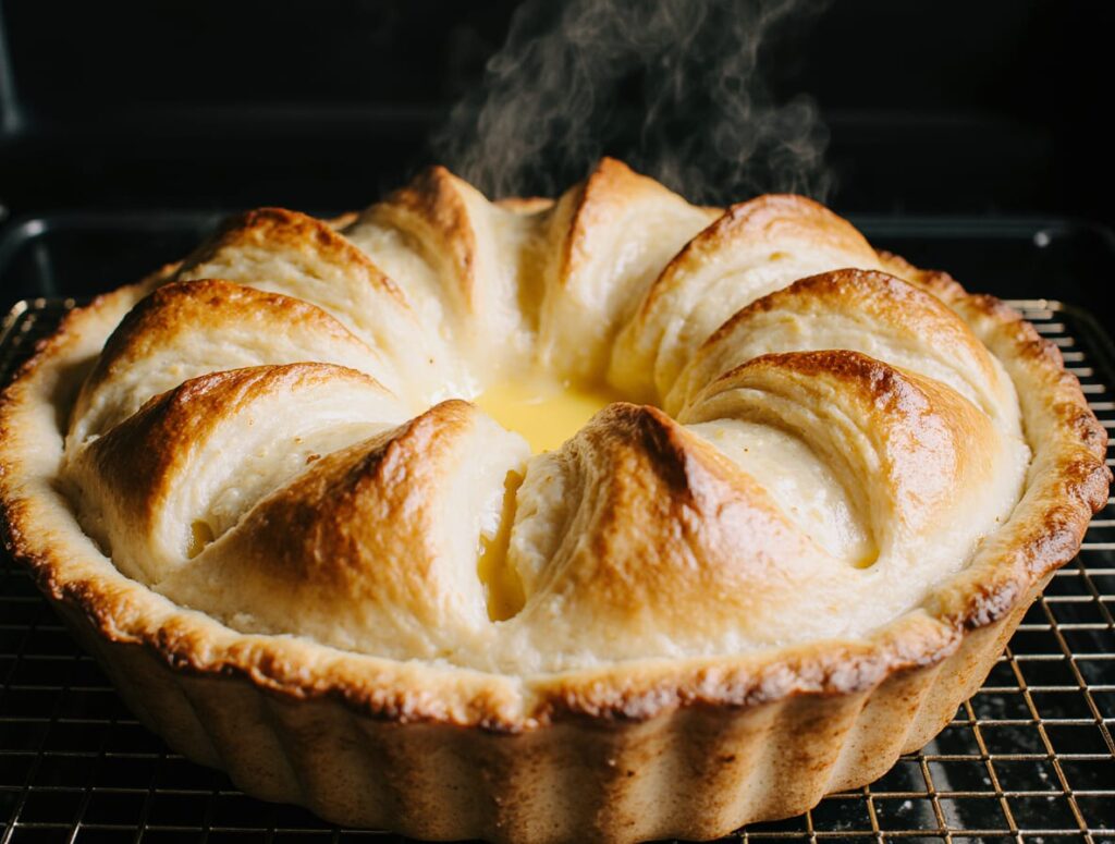A whole, perfectly baked golden-brown cheese and potato pie with a flaky, glossy crust, fresh from the oven.