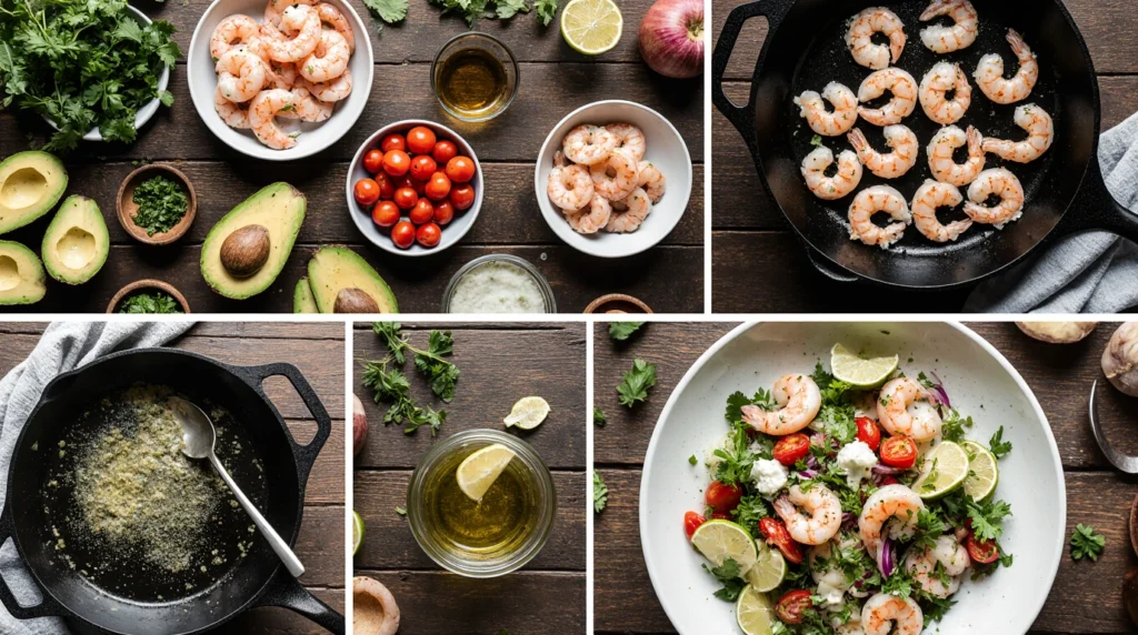 Complete step-by-step visual guide to making shrimp avocado salad showing ingredients, prep, cooking, dressing, and final result in one image